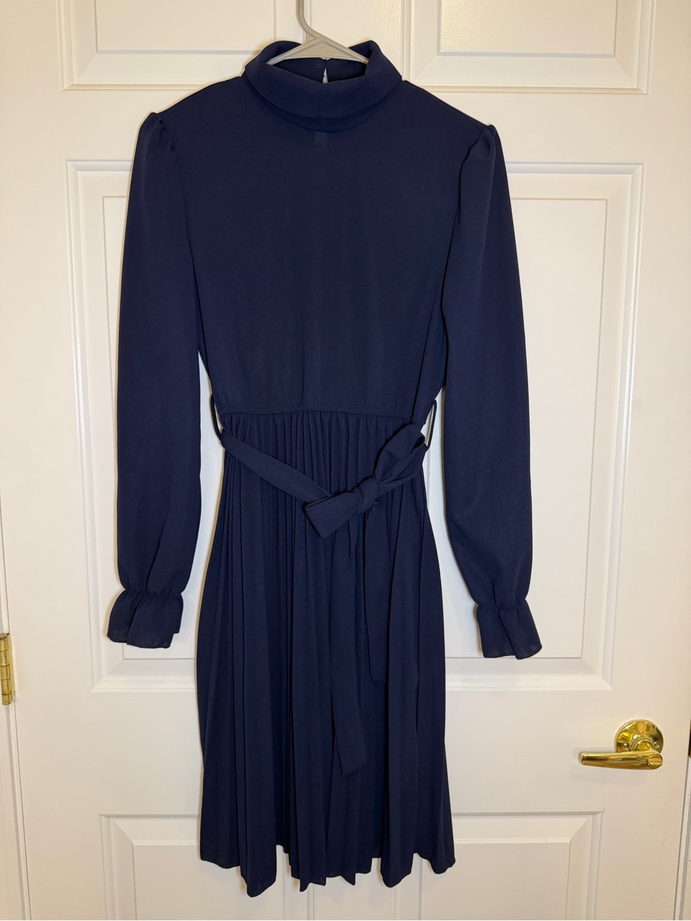Navy Long-Sleeve Pleated Midi Dress with Tie Waist